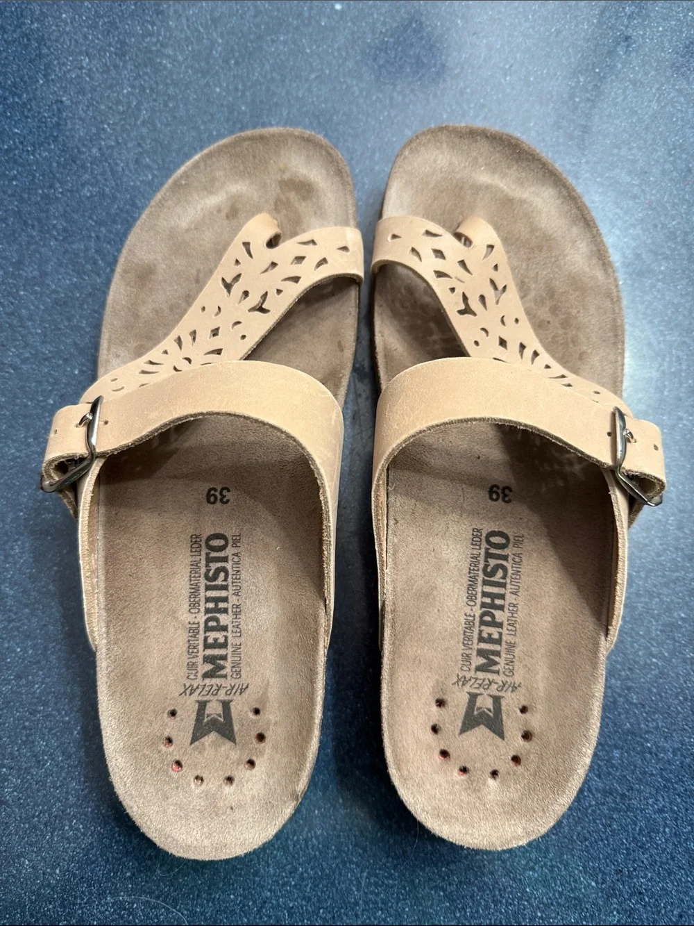 Mephisto Women's Tan Suede Laser-Cut Toe-Post Sandals